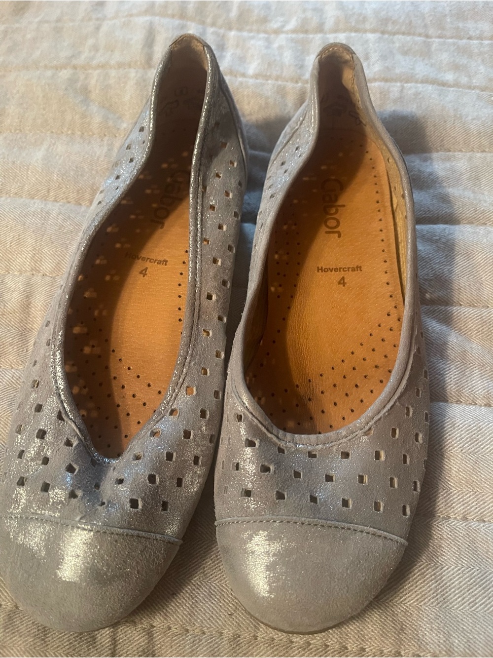 Gabor Metallic Silver Suede Perforated Ballet Flats